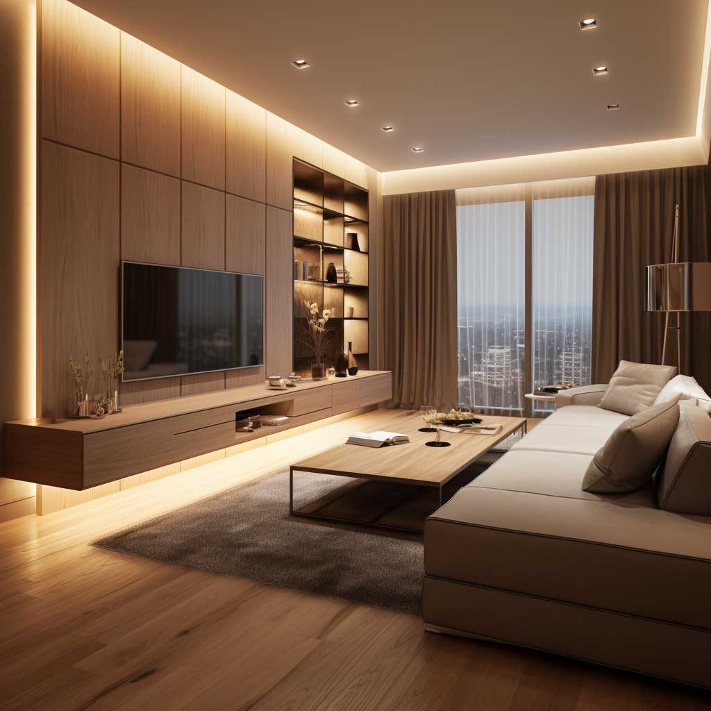 Mobilier Daxa Wood cu panouri din lemn și iluminare LED
